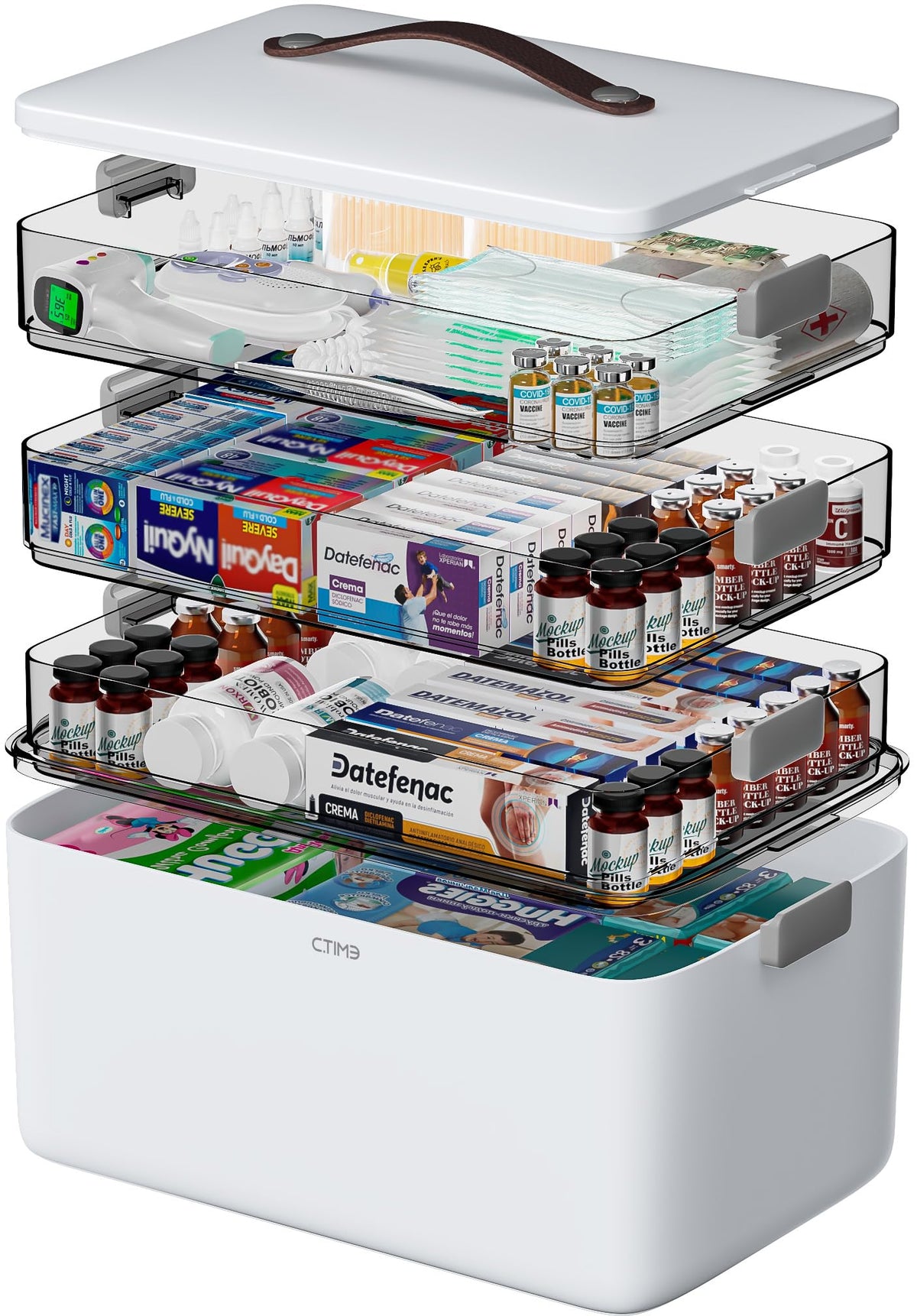 CTIME Extra Large 4 -Tier Medication Organizer - Portable with Leather Handle, Ideal for Household and Travel 14.6 x 9.6 x 12. 6 in Family First Aid