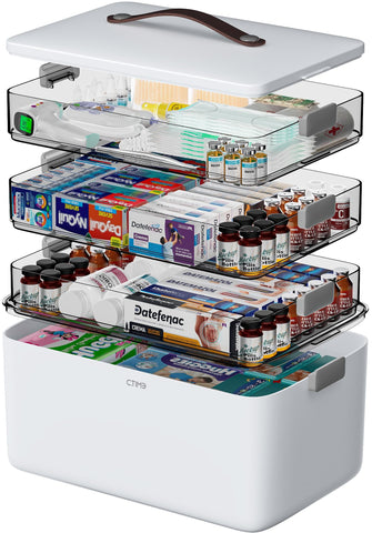 CTIME Extra Large 4 -Tier Medication Organizer - Portable with Leather Handle, Ideal for Household and Travel 14.6 x 9.6 x 12. 6 in Family First Aid