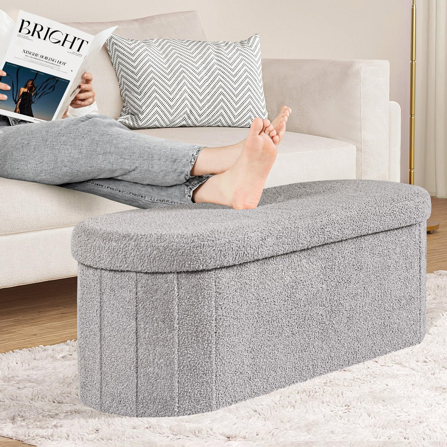 PINPLUS Foldable Oval Ottoman Storage Bench, Grey, 110x38x38 cm