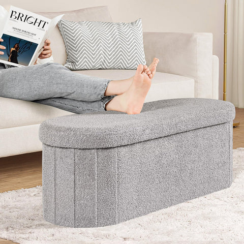 PINPLUS Foldable Oval Ottoman Storage Bench, Grey, 110x38x38 cm