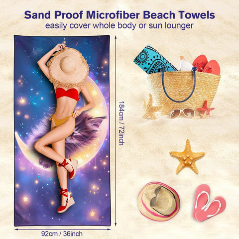 Violetpos Nebula Sleeping Kitten Beach Towel for Kitty Lovers, Extra Large 180x90 cm 250GSM Microfibre, Sand Free Quick Dry