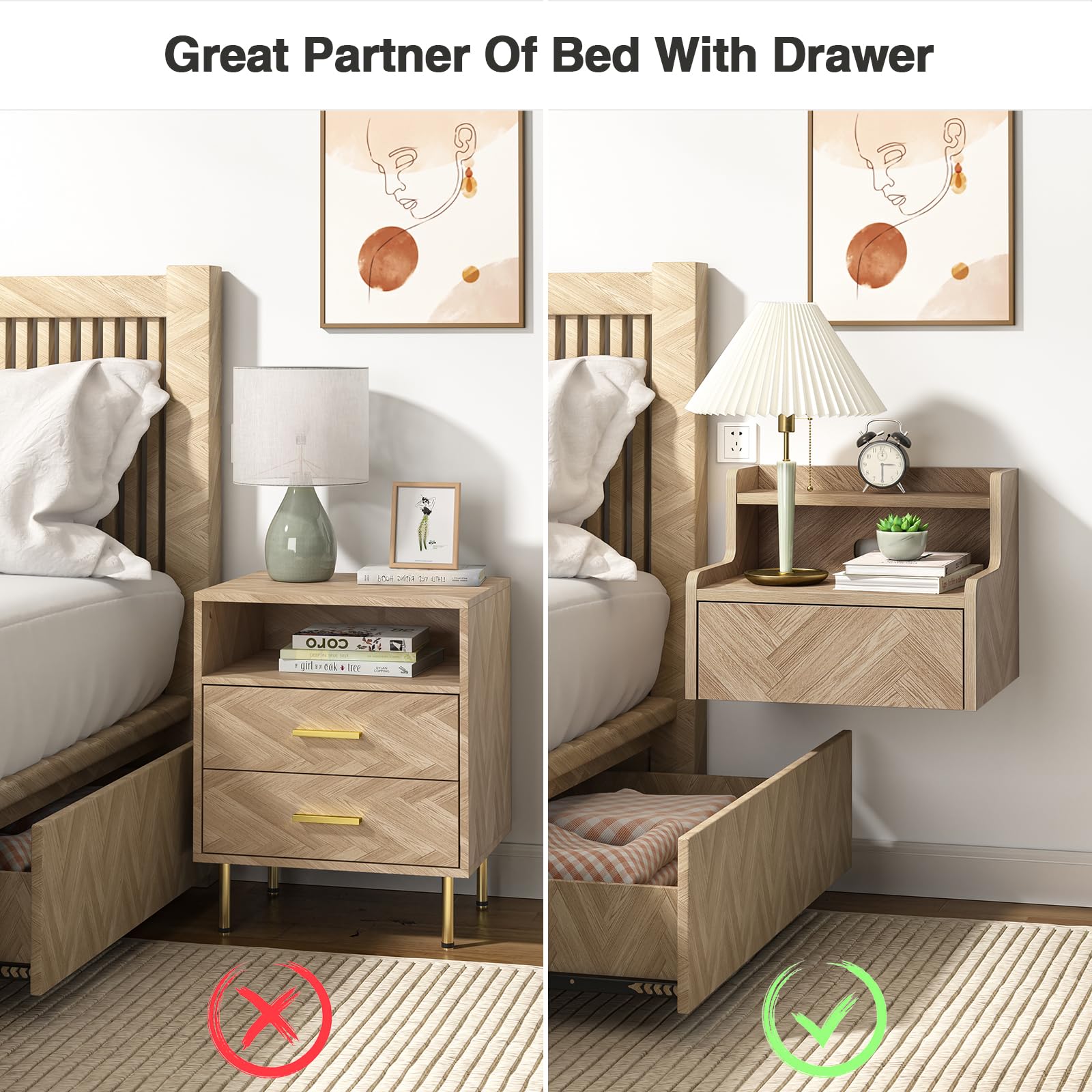 Skokliz Floating Bedside Table Set of 2, Small Wall Mounted Nightstand with Drawer and Open Shelf, Floating Shelf for Bedroom, Living Room, Kictench
