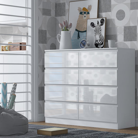 FWStyle White Gloss 8 Drawer Chest of Drawers with Matt White Frame, Scandinavian Handleless Bedroom Storage Furniture with Deep Drawers and Metal