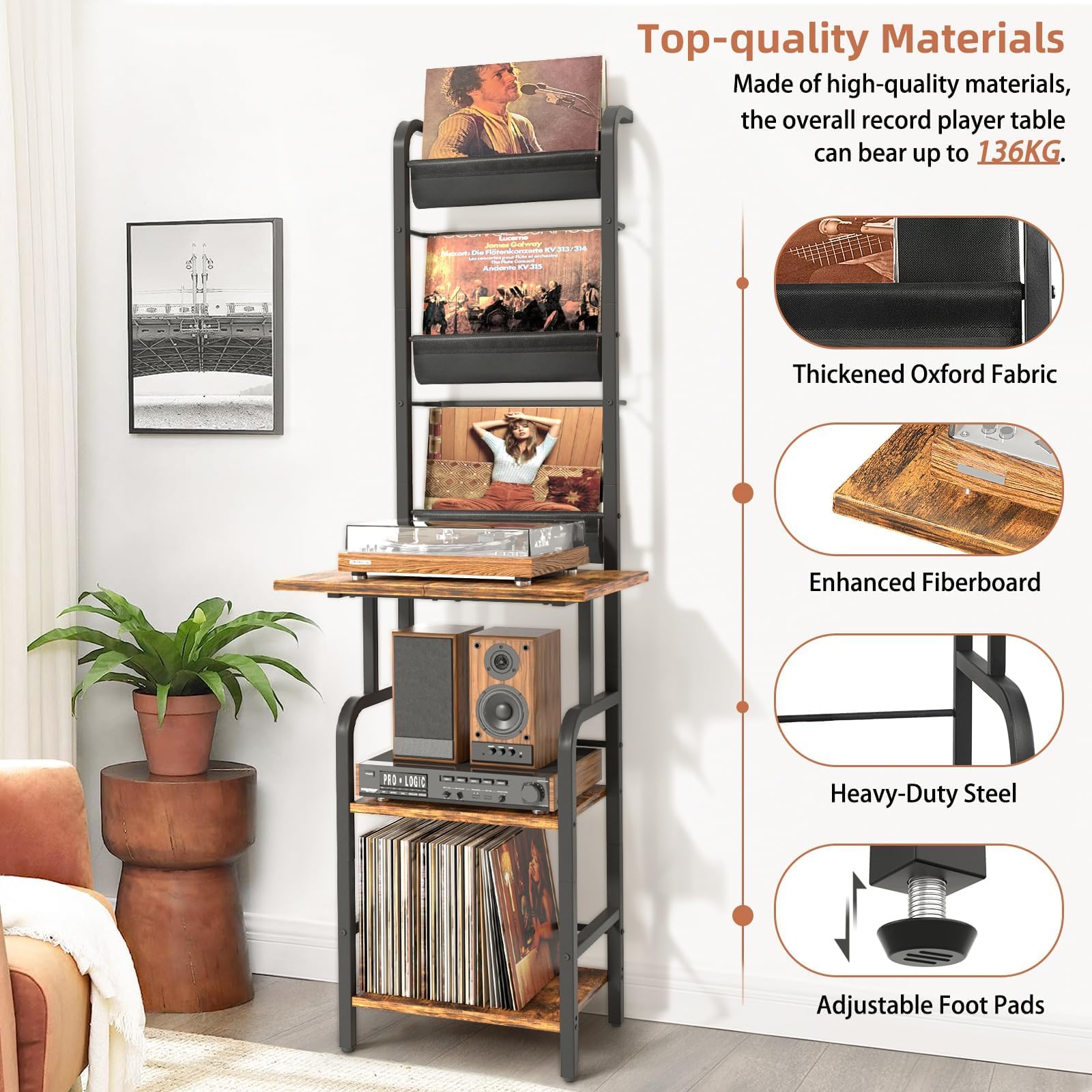 Bikoney Tall Record Player Stand with Vinyl Storage for 200 Albums