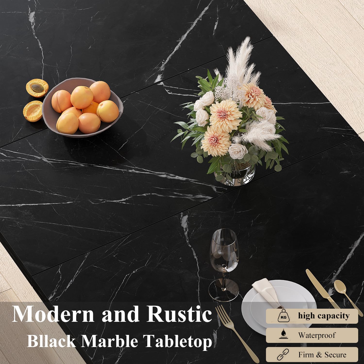 HSH Dining Table Modern Rectangle Kitchen Dinner Table 160cm Black Marble