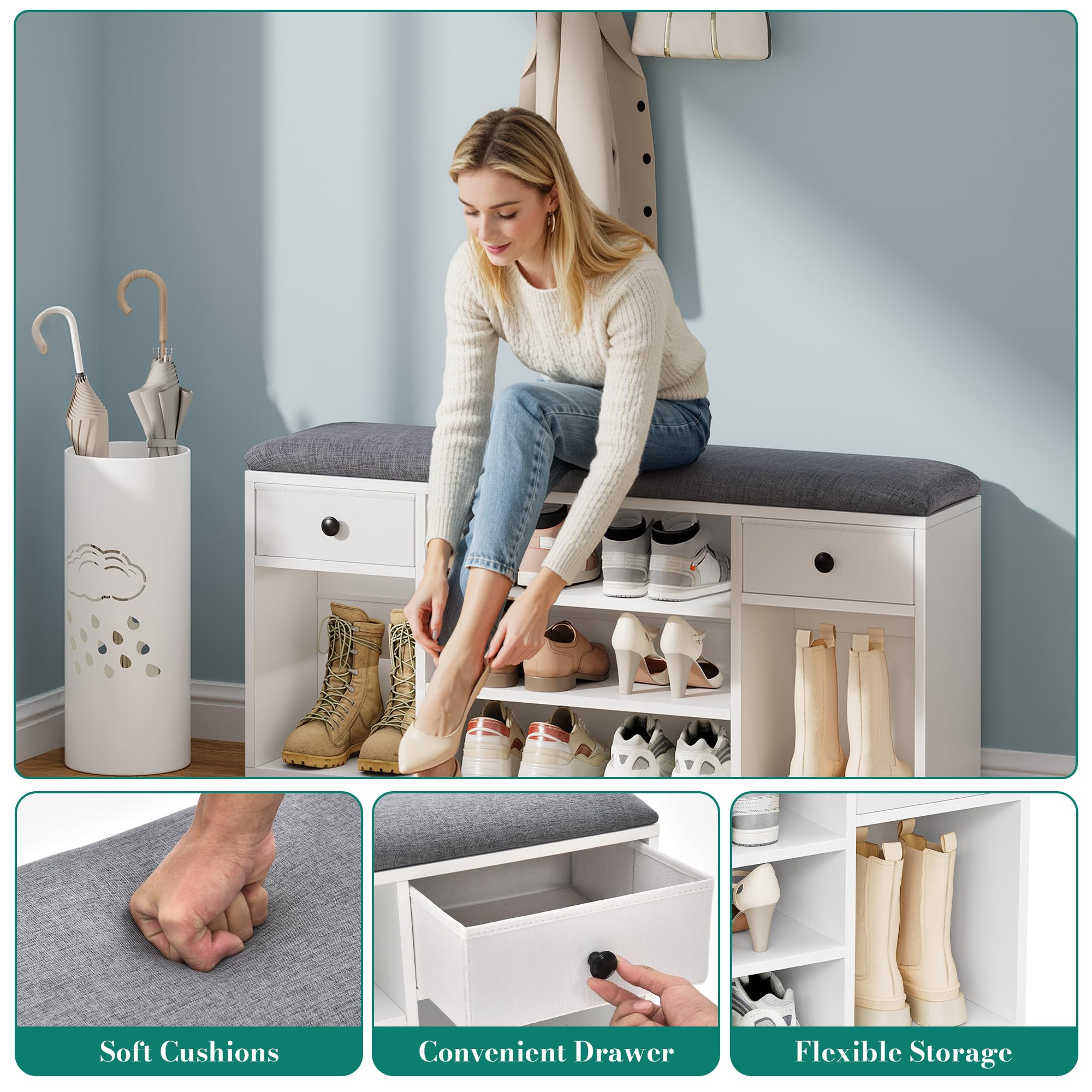 YITAHOME Shoe Bench with Padded Seat, 2 Drawers, 105cm, White and Grey