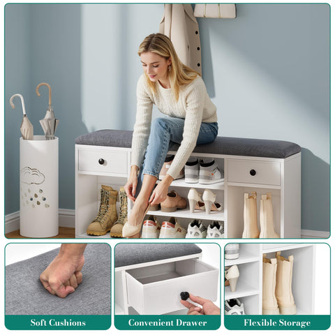 YITAHOME Shoe Bench with Padded Seat, 2 Drawers, 105cm, White and Grey