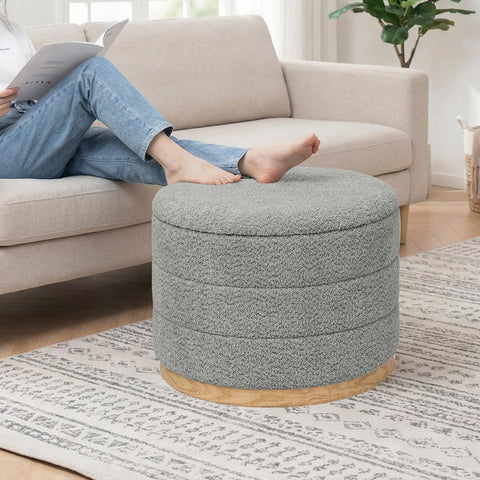 PINPLUS Round Chenille Storage Ottoman, Tray Top, 58x58x44 cm, Grey