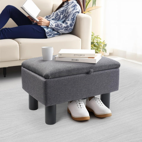 Gemsaya Linen Fabric Footstool with Storage, Storage Ottoman with Flip Top, 40x30x24cm Rectangular Upholstered Bench Pouffe Footstool for Living Room