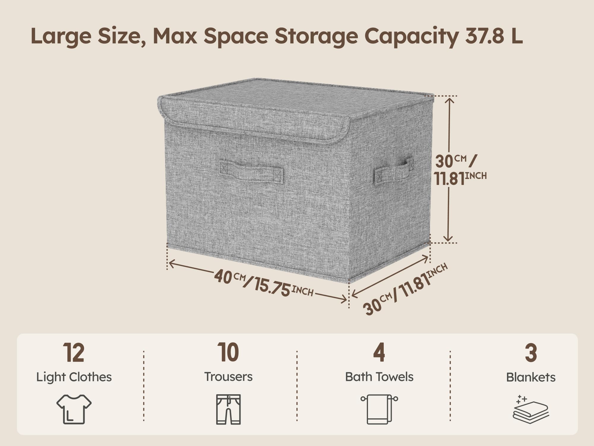 37.8L Stackable Storage Boxes with Lids Linen Clothes Wardrobe Organiser