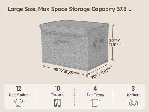 37.8L Stackable Storage Boxes with Lids Linen Clothes Wardrobe Organiser