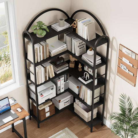 Crevyteg 68.5" Arched Industrial Corner Bookcase - 5-Tier Large Bookshelf with Wood Shelves and Metal Frame - Modern Storage Display for Home Office