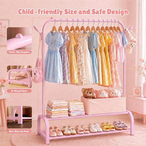 ELUZENE Kids Clothes Rack with 2 Fabric Storage Shelves Pink