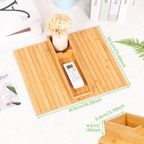 YUNYOUC Couch Arm Tray, Bamboo Sofa Table for Couch, Foldable Sofa Arm Tray with Cup Holder, Non-Slip Armrest Organizer for Drink, Cup, Snack, Control