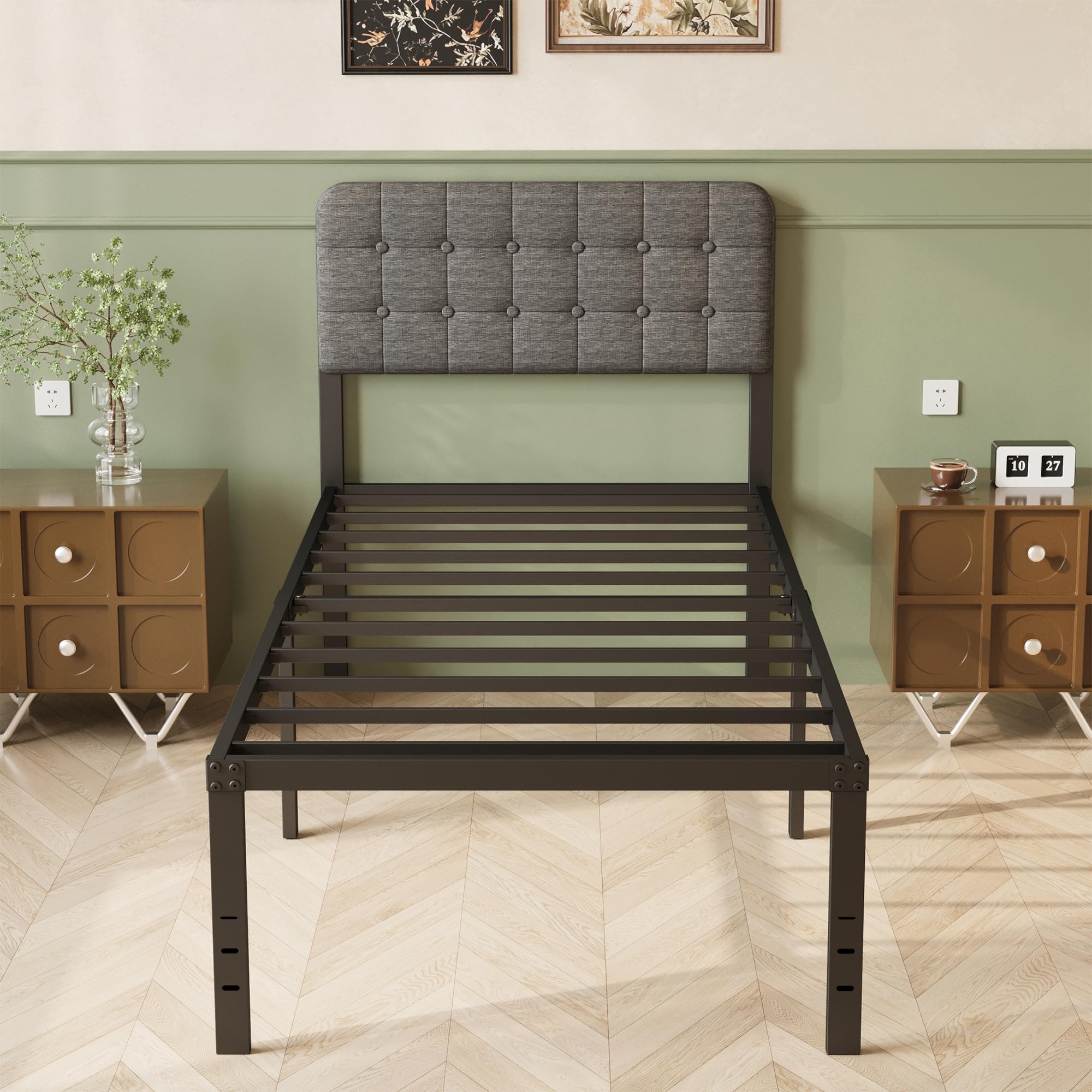 Lutown-Teen Single Bed Frame with Grey Upholstered Headboard