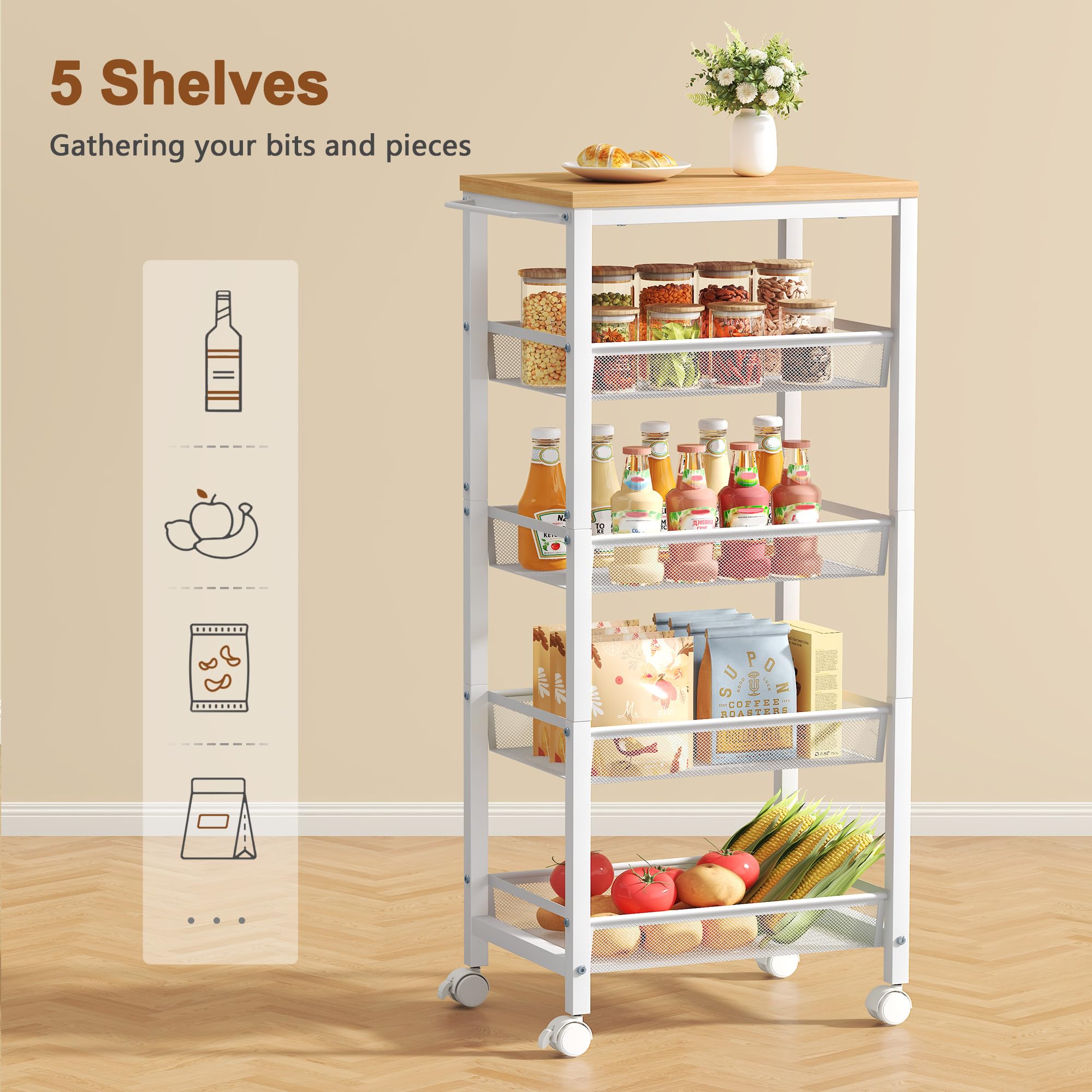 Hoctieon Slim Rolling Storage Cart, 5-Tier Narrow Kitchen Storage Cart with Handle & Wheels, Mobile Shelving Unit, Wooden Top & Metal Frame