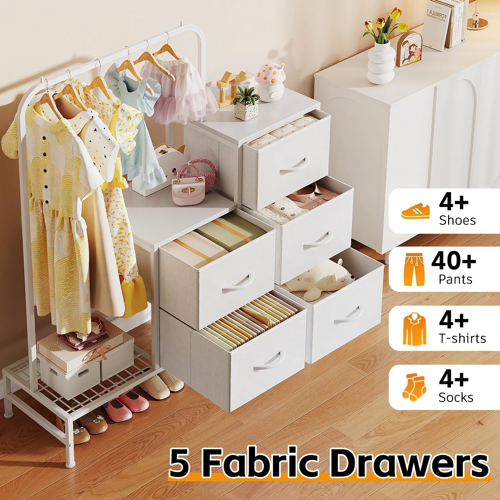 COTUBLR Chest of Drawers Bedroom, Including 4 Fabric Drawers, with a Sturdy Clothes Rail and 2 Coat Hooks