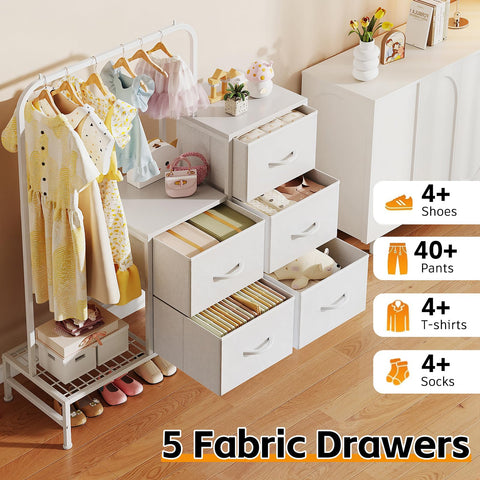 COTUBLR Chest of Drawers Bedroom, Including 4 Fabric Drawers, with a Sturdy Clothes Rail and 2 Coat Hooks