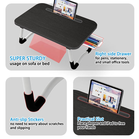 Small Lap Desk，Laptop Bed Desk 48 x30 cm for Breakfast in Bed, Work and Study, Home Office, Laptop Stand for Sofa、Couch、Bed, (Small Black 48x30)
