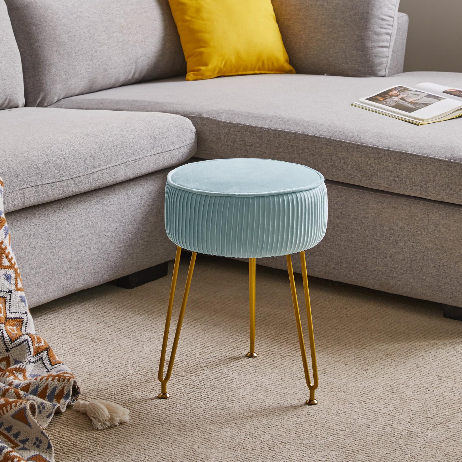 IBUYKE Makeup Vanity Stool, Velvet Round Footrest Ottoman, Blue L/G-30H