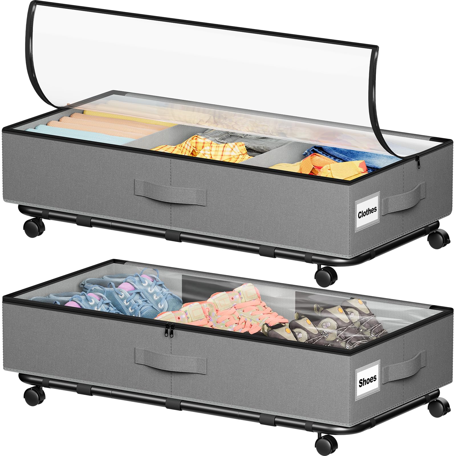 2 Pack Under Bed Storage on Wheels,Rolling Storage Drawers with Clear Lid