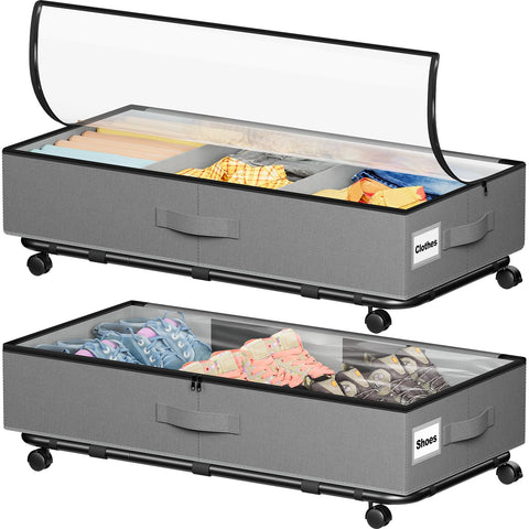 2 Pack Under Bed Storage on Wheels,Rolling Storage Drawers with Clear Lid