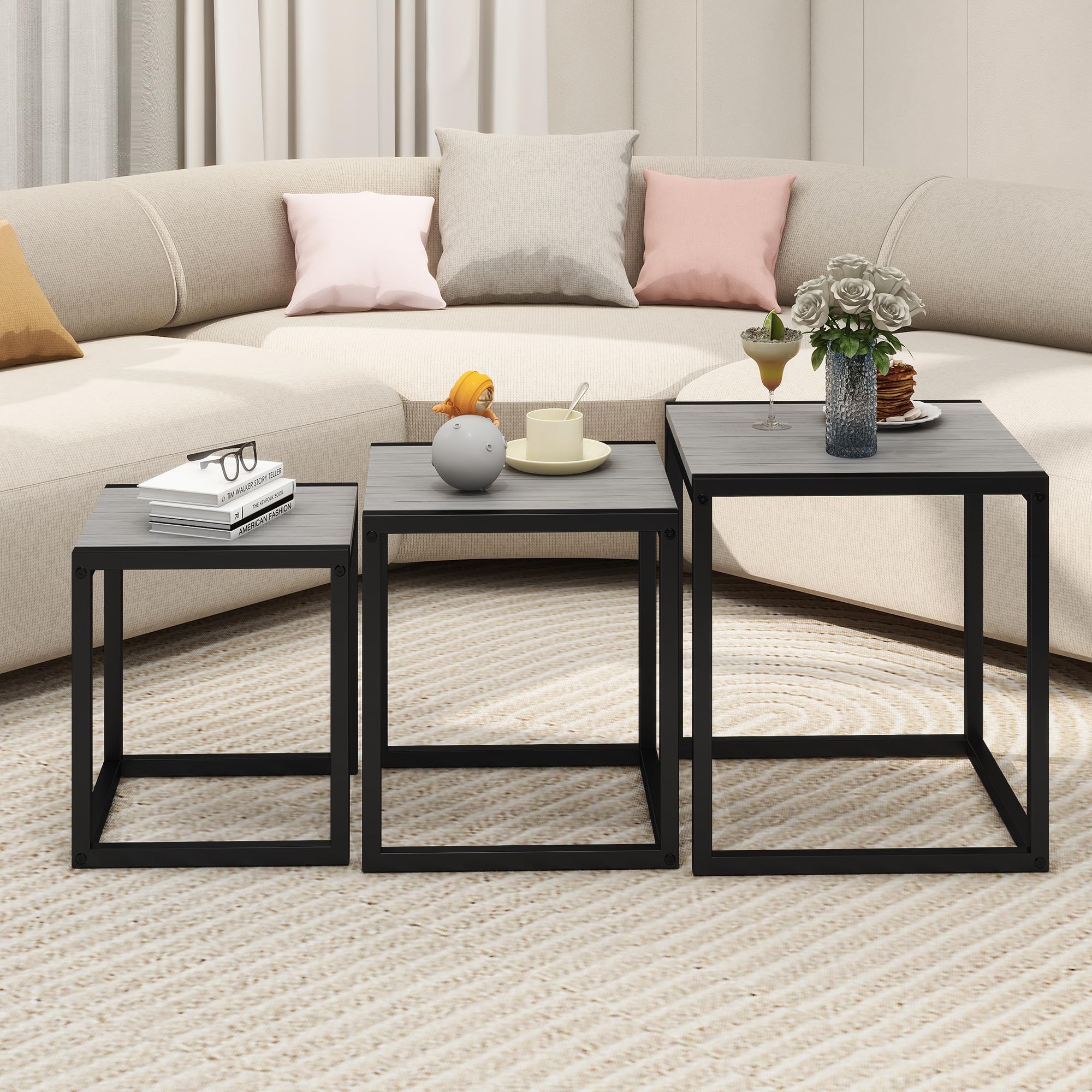 DUMEE Wooden Nesting Tables Set of 3 Coffee Table, Stacking Side End Tables for Living Room, Grey
