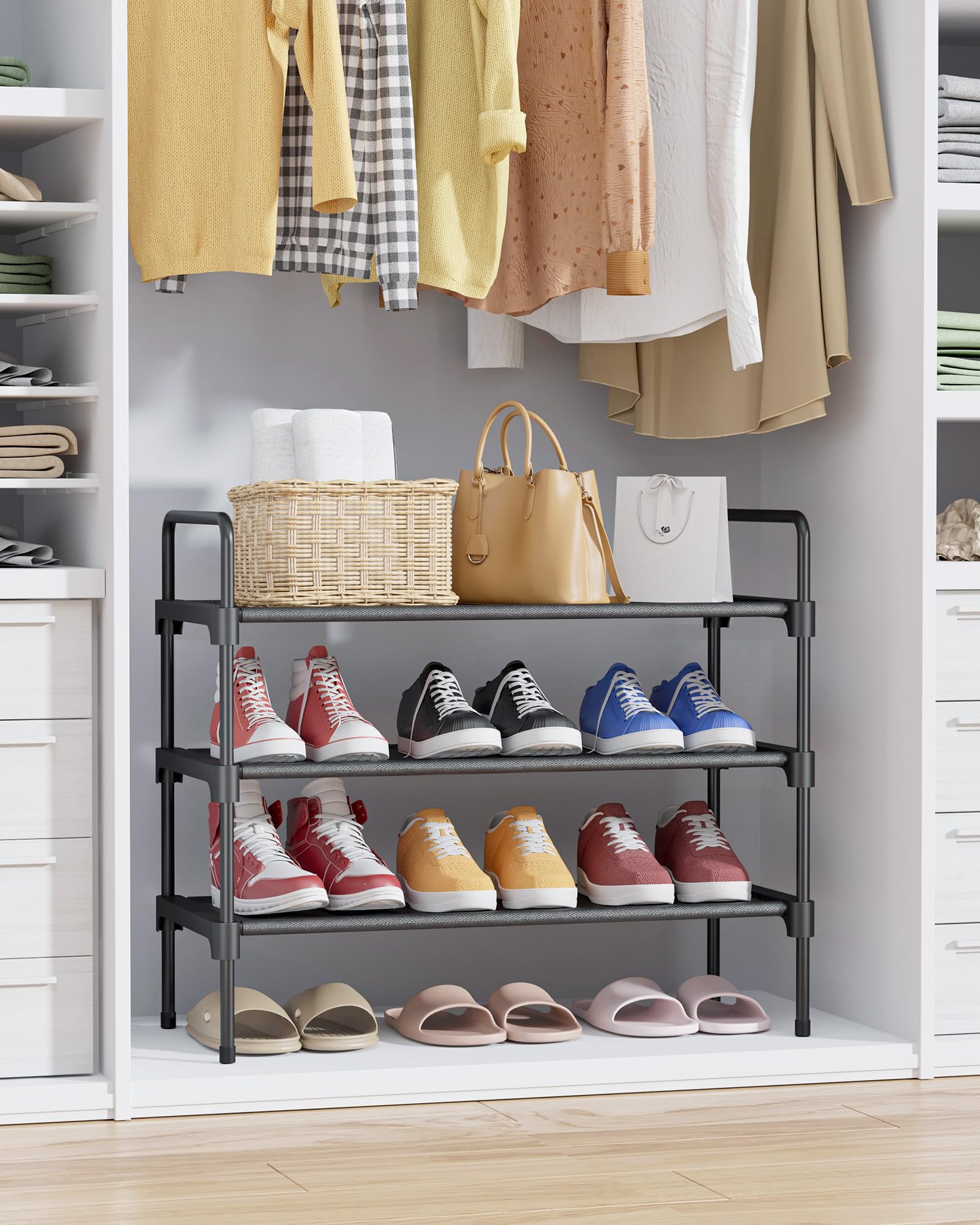 Kitsure Space-Saving Shoe Rack for Closet, 70.0 cm Wide - 3 Tiers, Black