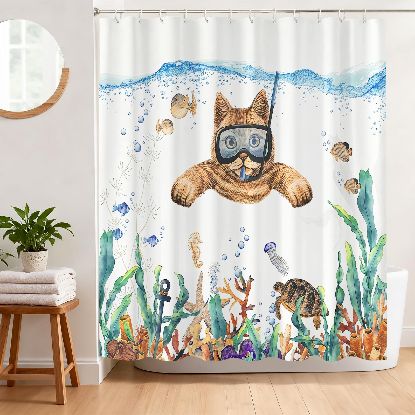 BREASOME Funny Cat Shower Curtain 180 x 180 cm Cute Cat Diving Swimming Shower Curtain for Bathroom Decor Mould Proof Waterproof Polyester Fabric