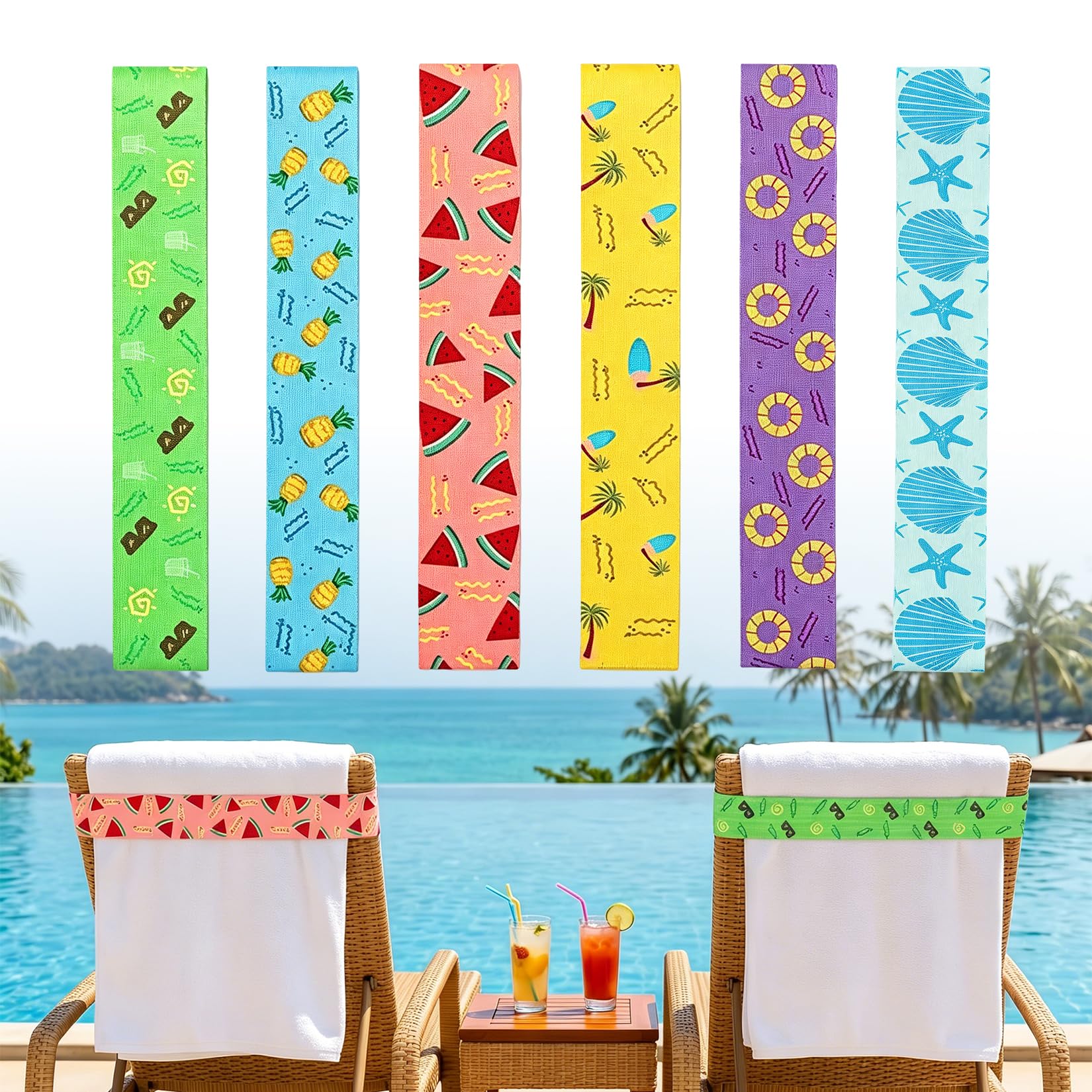runxsam 6 pcs elastic beach towel bands 40×4.5 cm (6 styles)