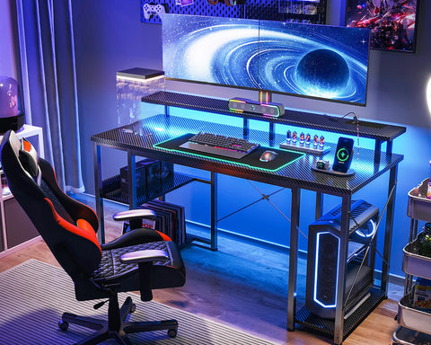 Coleshome Gaming Desk with LED Lights, 120x50 cm, Carbon Fiber Black