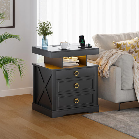 Lvifur Bedside Table with Charging Station,Human Sensor Lights for Bedroom