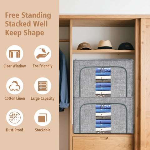 Eyeleaf Storage Bags with Zips, 3PCS Linen Clothes Storage Bag 24L 66L 100L Large Storage Bags Foldable with Metal Frame Lid Clear Window Durable