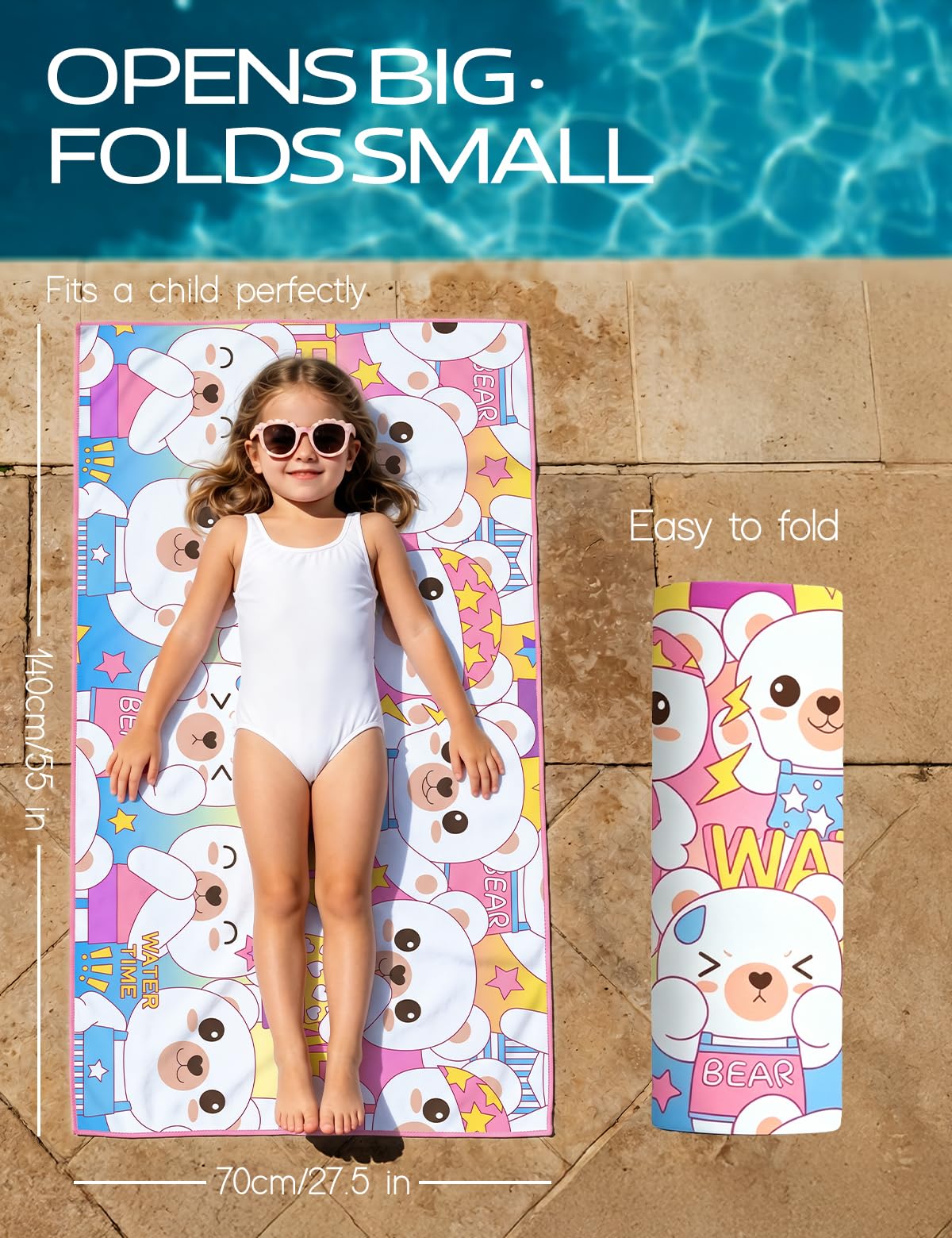 WATER TIME Cute Bear Kids Towel Folds Tiny Sand-Free 3x Fast Dry, Style-C