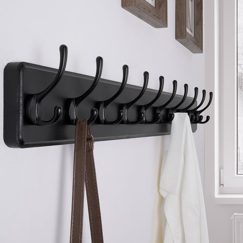 SKOLOO Farmhouse Style Wall Mounted Coat Rack, Pack of 2, Pine Solid Wood Coat Hook Hanger - 10 Hooks for Hanging Clothes Robes Towels Coats