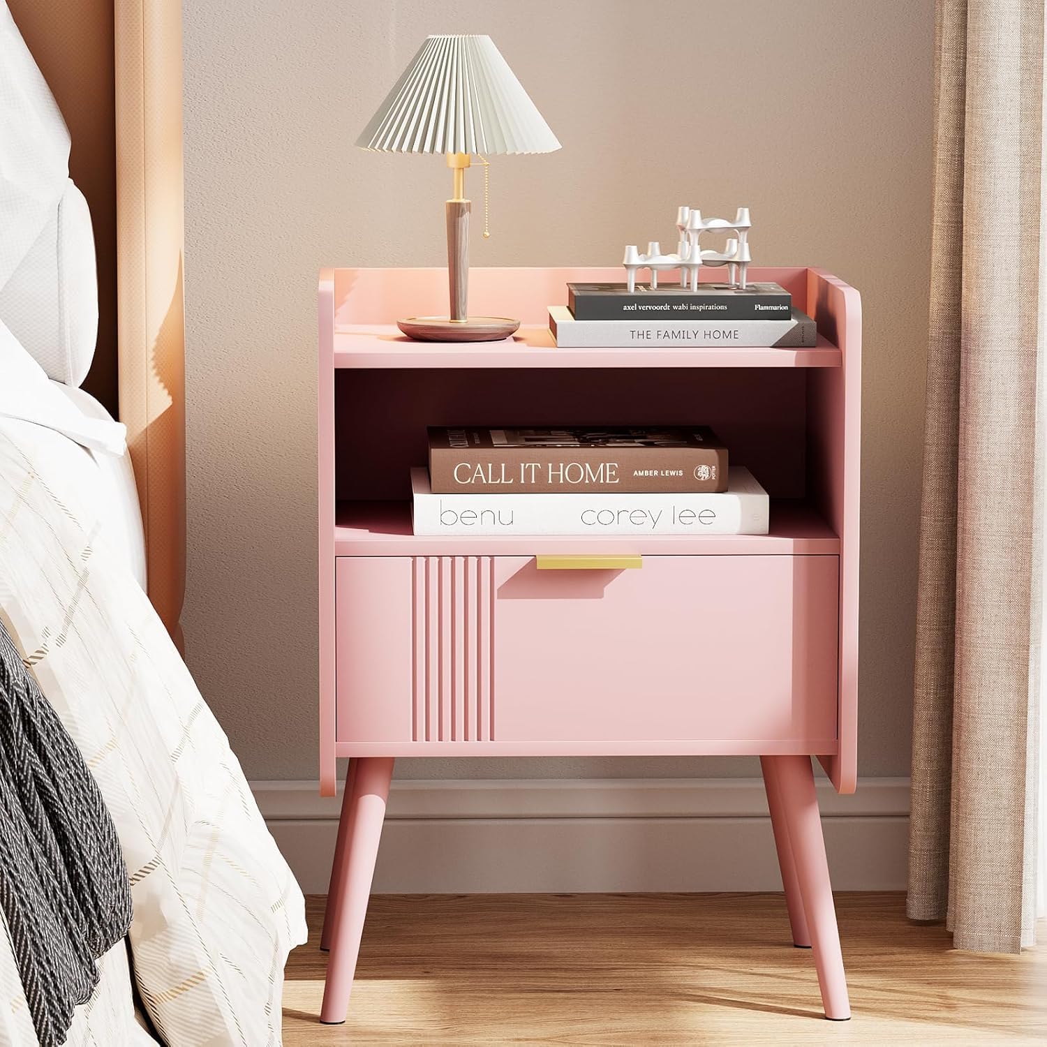 Bedside Table, Nightstand, Bed Side Table with Wood Decorated Drawers