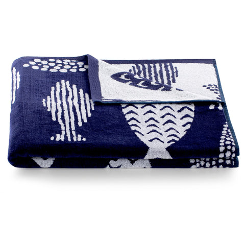 RESTILO Beach Towel Large 90 x 180 cm Cotton Terry Velour Bath Towel Blue White Fish