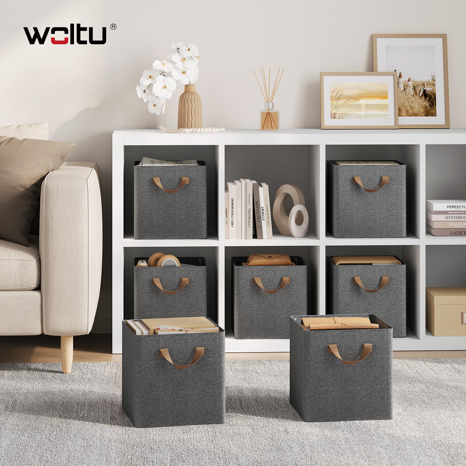 WOLTU Storage Boxes Set of 5, Storage Baskets, Folding Wardrobe Cube Boxes, with Handle and Metal Frame, for Living Room/Bedroom/Study, Linen