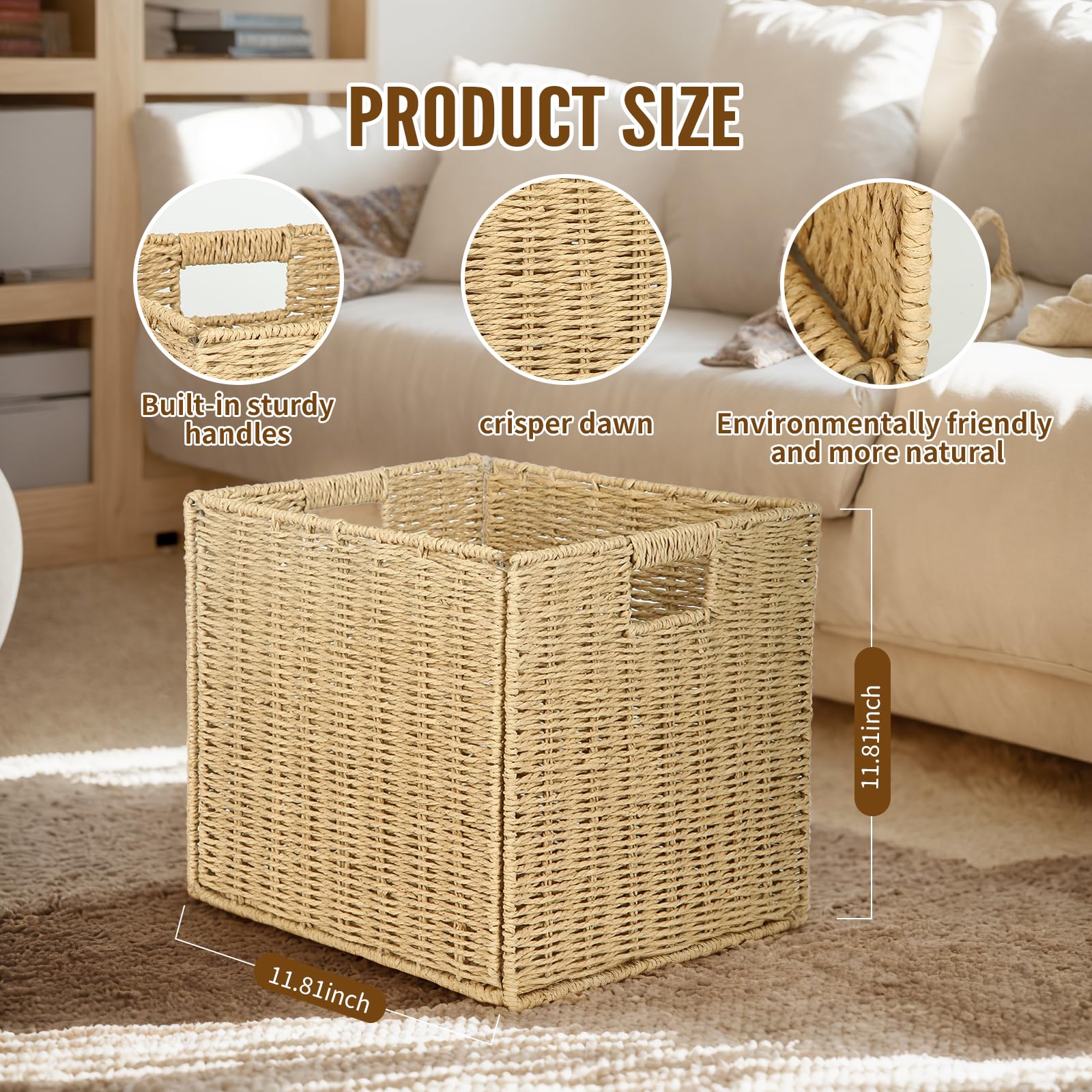 Collapsible Storage Basket 2 pcs, storage boxes for shelves, With Insertion Handle,12 * 12 * 12 In Hand-Woven Seagrass Storage Basket