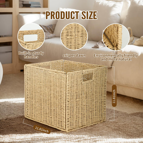 Collapsible Storage Basket 2 pcs, storage boxes for shelves, With Insertion Handle,12 * 12 * 12 In Hand-Woven Seagrass Storage Basket