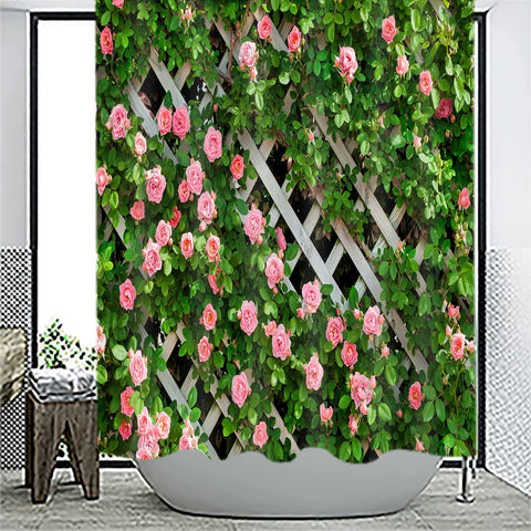 JOOCAR Garden Shower Curtain, Rustic Decor Rosemary Roses Flower on Fence, Waterproof Cloth Fabric Bathroom Decor Set with Hooks