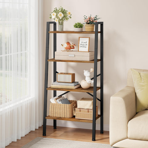 Hoctieon 4-Tier Industrial Ladder Bookshelf, Narrow Ladder Shelf, Tall Standing Bookshelf, Skinny Open Ladder Shelf, for Living Room, Home Office