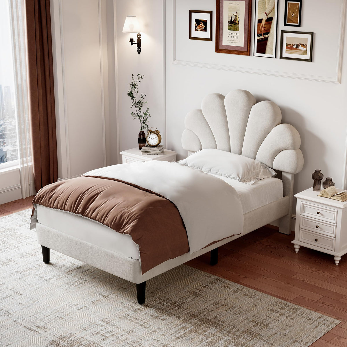 Merax 3ft Single Upholstered Bed Frame, Velvet Petal Headboard, Adjustable, Solid Wood Slats, No Box Spring Needed, Easy Assembly, Beige