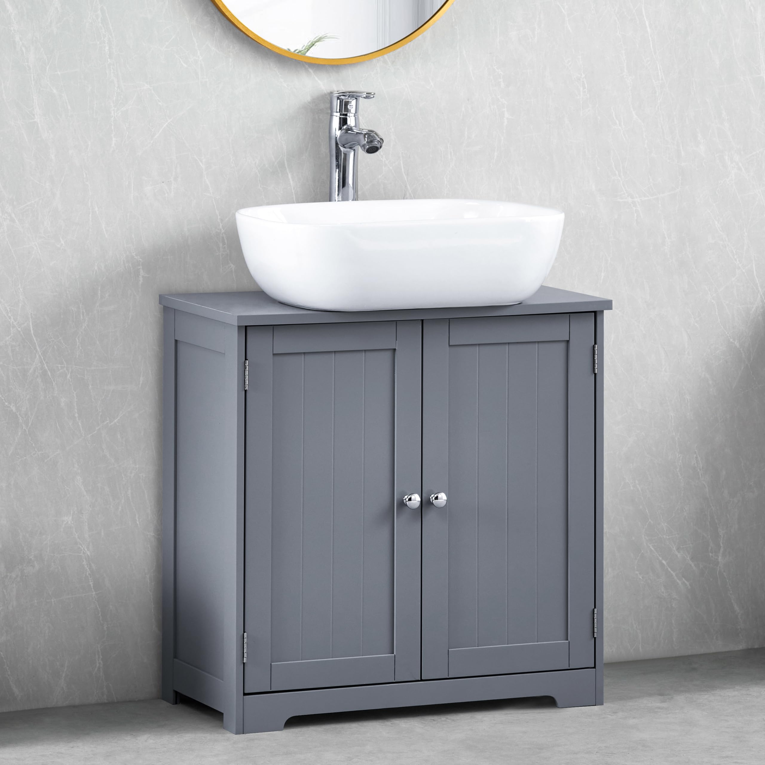 Bath Vida Priano 2 Door Bathroom Under Sink Floor Cabinet | Grey | Space-Saving Storage | 60H x 60W x 30D cm | Adjustable Shelf | Freestanding