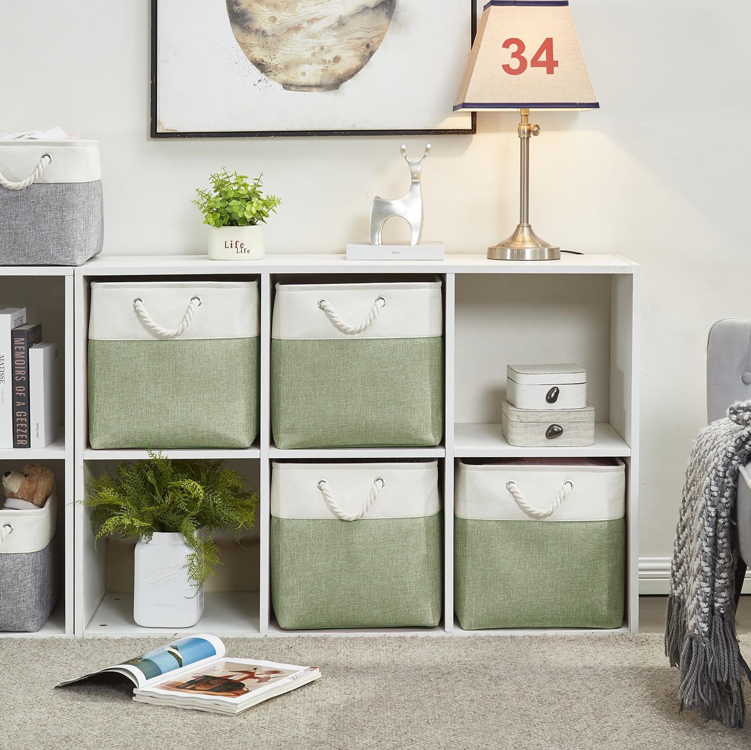 SOCOHOME Fabric Cube Storage Boxes,30x30x30cm Canvas Storage Baskets for Nursery Closet Toys Shelf(Green/White, Set of 3)