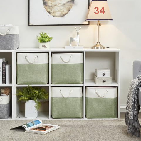 SOCOHOME Fabric Cube Storage Boxes,30x30x30cm Canvas Storage Baskets for Nursery Closet Toys Shelf(Green/White, Set of 3)