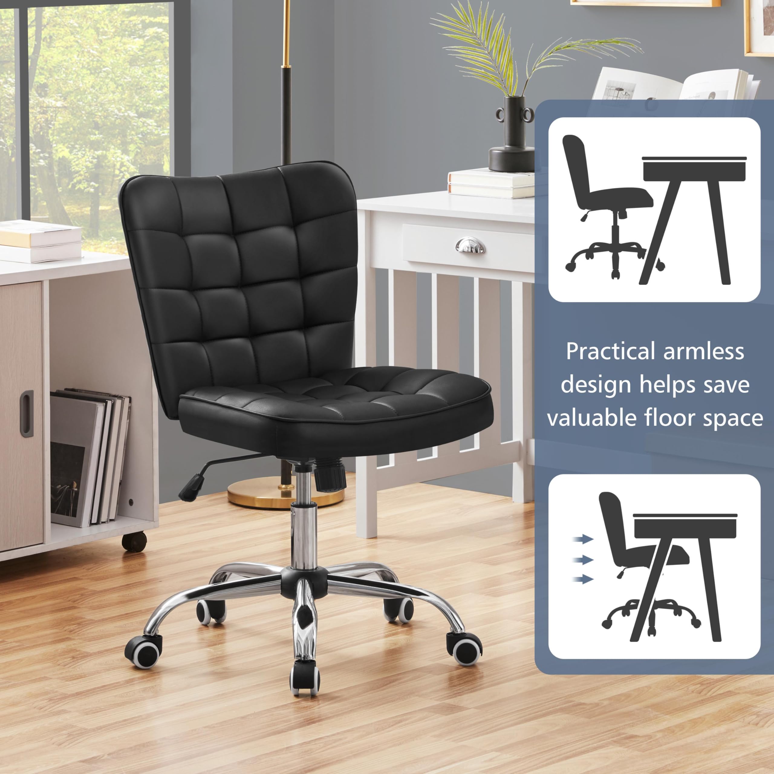 Yaheetech PU Leather Armless Swivel Office Chair, Adjustable Height, Black