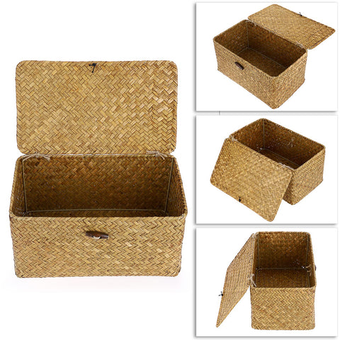 IGNPION Seagrass Storage Basket with Lid Woven Seagrass Rectangular Bathroom Storage Organiser Box