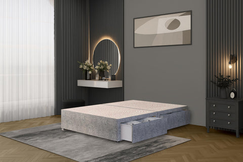 Bed Centre Flexby Divan Bed Base Only with 2 Drawers (Same Side), No Headboard - Available in 3FT, 4FT, 5FT & 6FT (3FT Single, Tweed Grey Fabric)