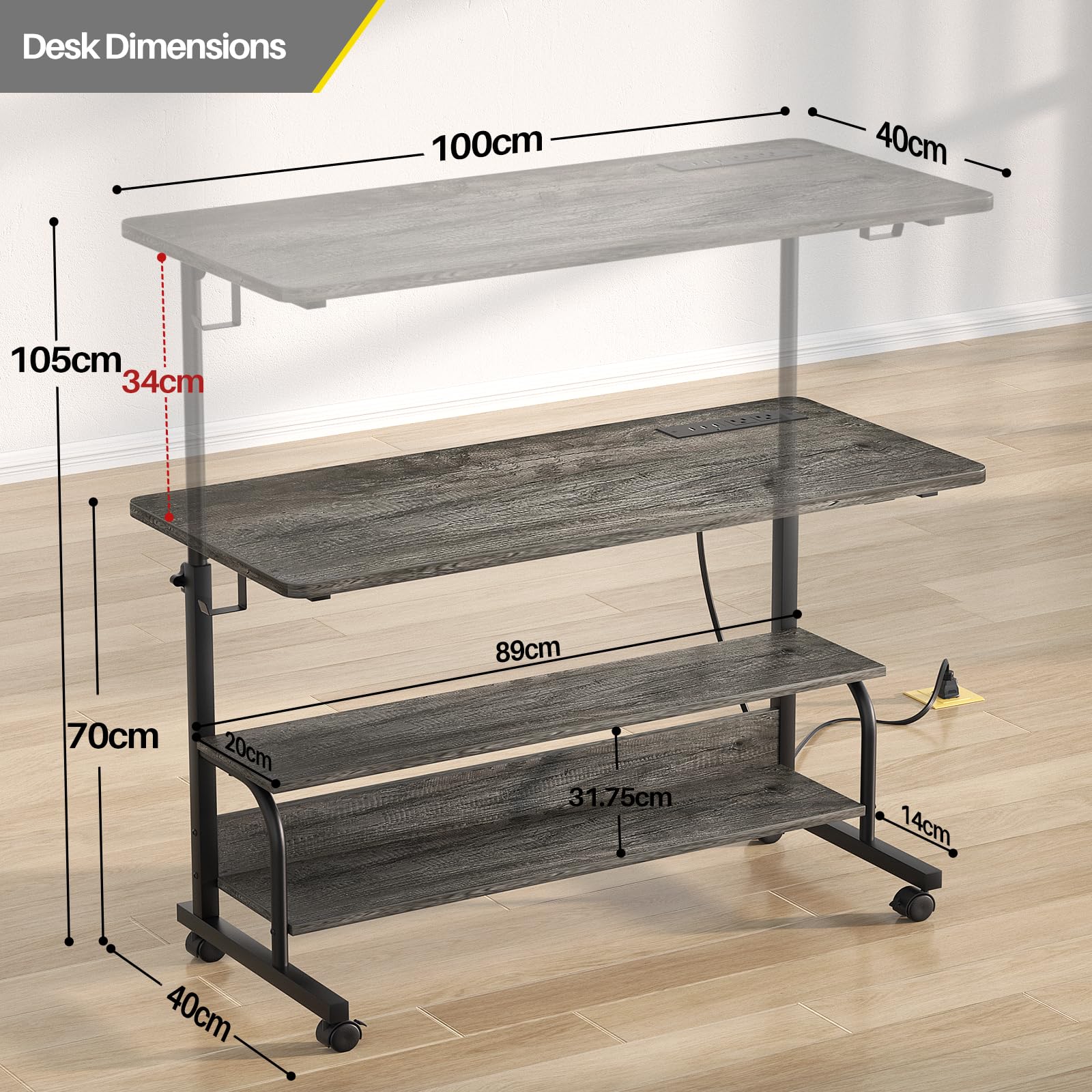 iSunirm Rolling Desk Adjustable Height Standing Desk with Power Outlets & USB Ports, Portable Desk on Wheels, Small Table for Home Office